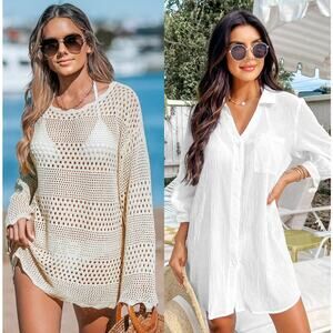 NWT Cupshe Beach Cover Up Dress - Seersucker Tie Cuff & Crocheted Bundle Sz S